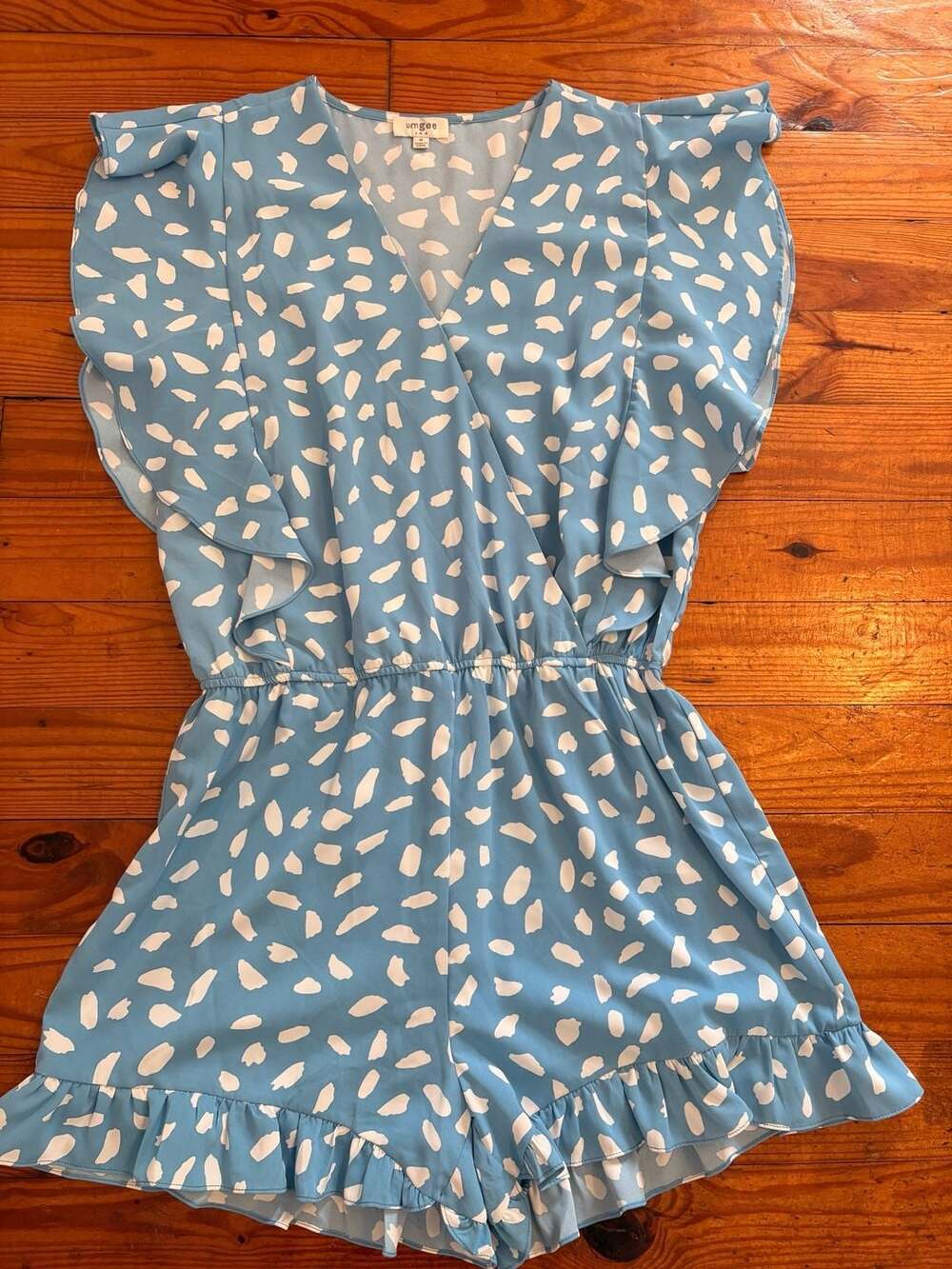 Umgee Womens Medium Blue White Abstract Ruffle Romper V Neck Flutter Sleeve